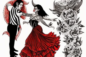 Devil dancing with a Spanish woman who is wearing a flamenco dress tattoo idea