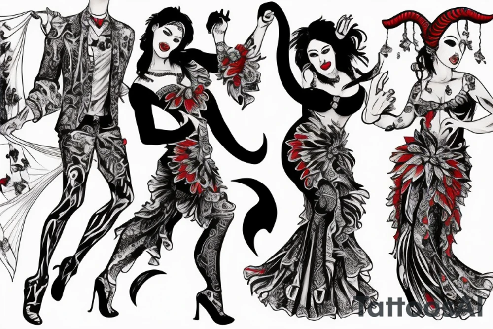 Devil dancing with a Spanish woman who is wearing a flamenco dress tattoo idea