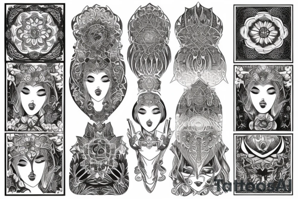 Ornamental symmetrical feminine tattoo idea