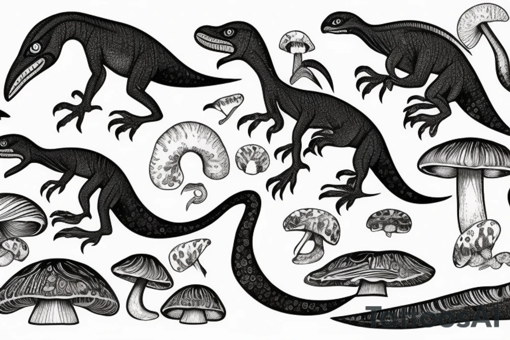 Velociraptor with crystals and mushrooms tattoo idea