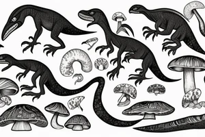 Velociraptor with crystals and mushrooms tattoo idea