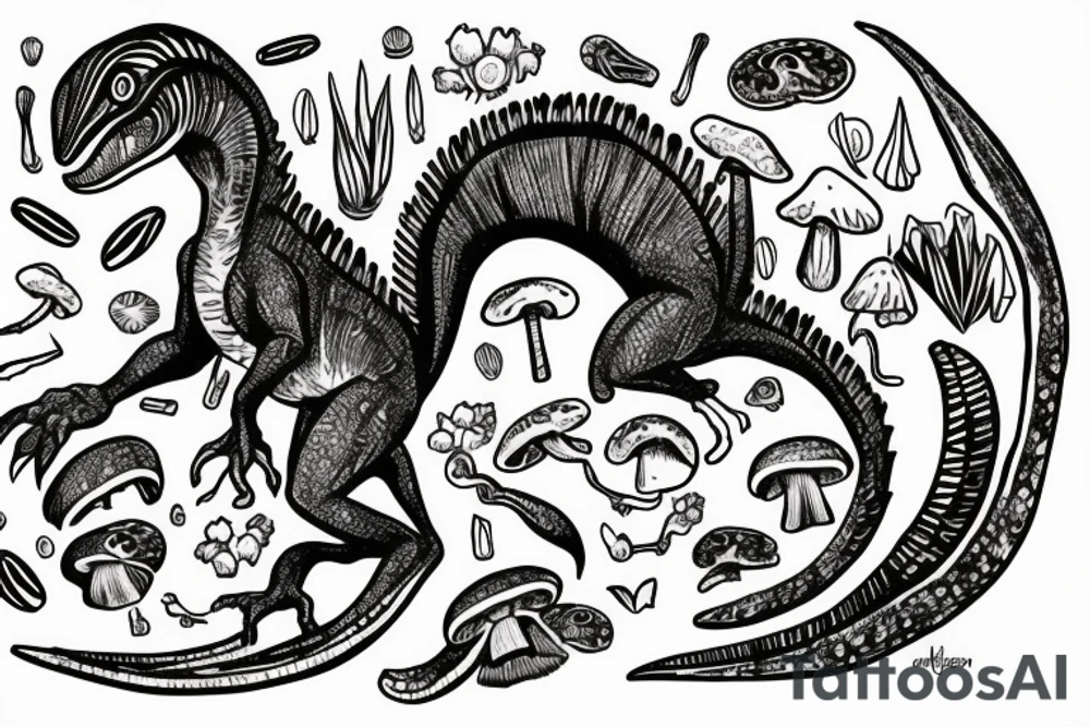 Velociraptor with crystals and mushrooms tattoo idea
