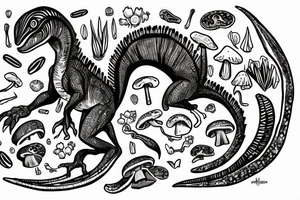 Velociraptor with crystals and mushrooms tattoo idea