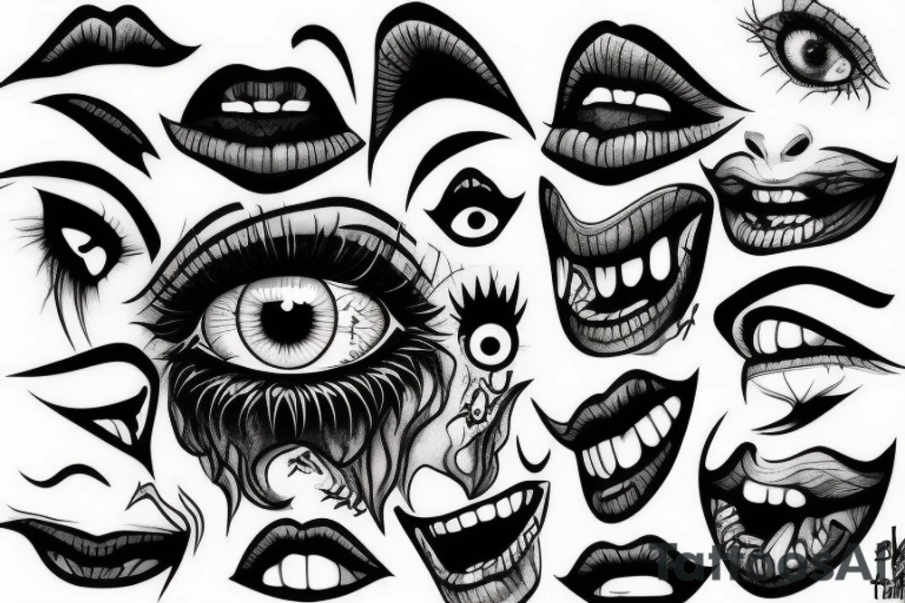eye in mouth, blood, fangs, lips tattoo idea