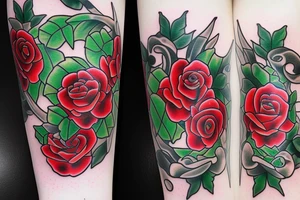 A green Ivy full of red roses tattoo idea