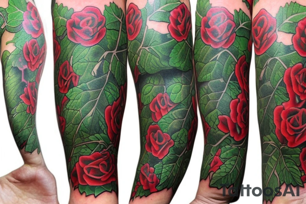 A green Ivy along full arm,  full of red roses tattoo idea