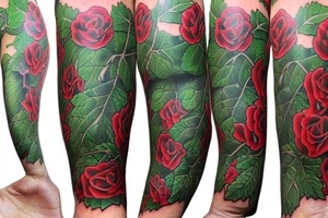 A green Ivy along full arm,  full of red roses tattoo idea