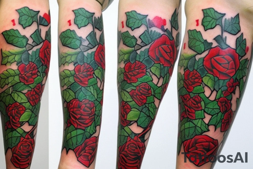 A green Ivy along full arm,  full of red roses tattoo idea