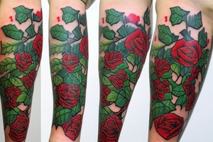 A green Ivy along full arm,  full of red roses tattoo idea