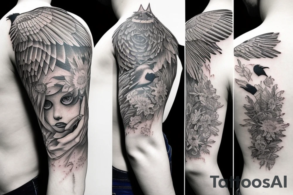 Solemn crow looking over shoulder tattoo idea