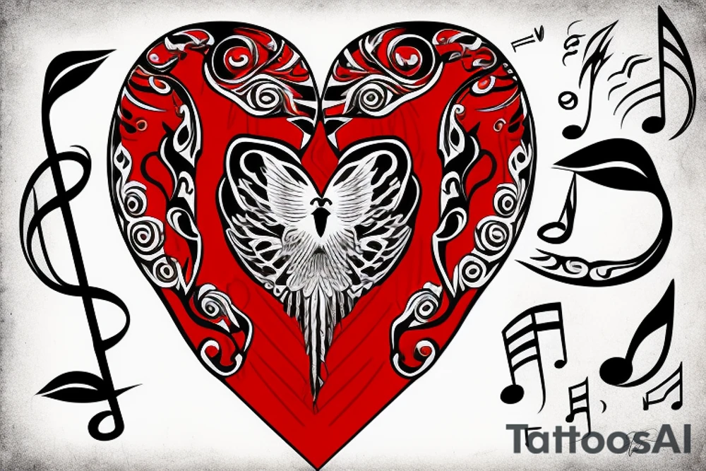 Red heart with white wings and music tattoo idea