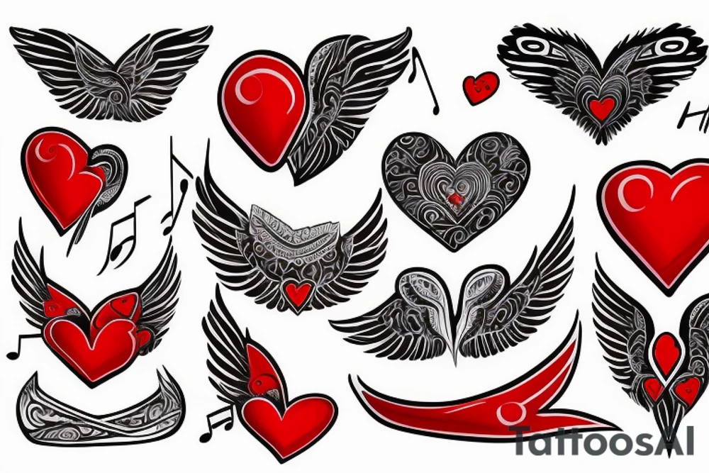 Red heart with white wings and music tattoo idea