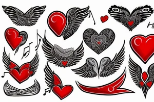 Red heart with white wings and music tattoo idea
