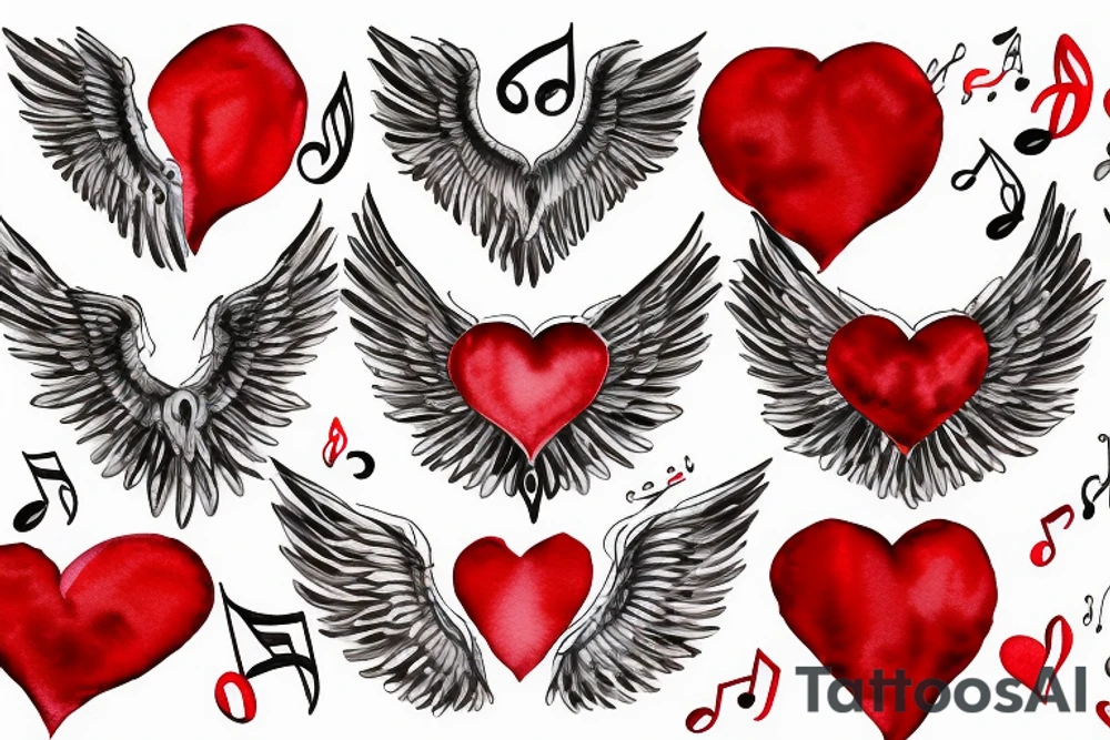 Red heart with white wings and music tattoo idea