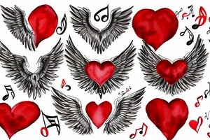 Red heart with white wings and music tattoo idea