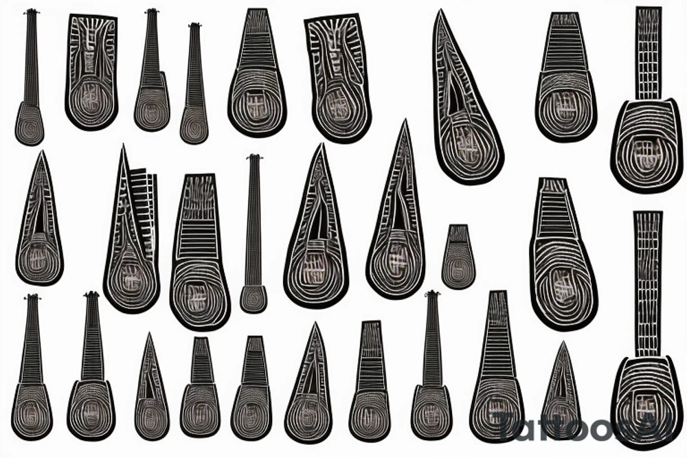 guitar fretboard vantagepoint in the Egyptian desert with nomadic travelers on foot to find the meaning of life tattoo idea