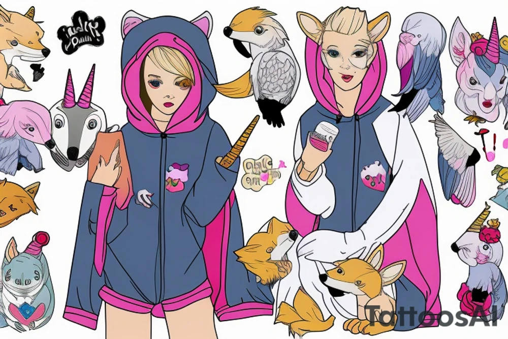 Blonde girl in a fox kigurumi with plush unicorn in her hand, with African grey parrot on her shoulder tattoo idea