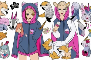 Blonde girl in a fox kigurumi with plush unicorn in her hand, with African grey parrot on her shoulder tattoo idea