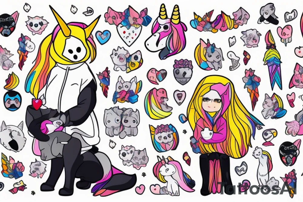 Blonde girl in a fox kigurumi with plush unicorn in her hand, with African grey parrot on her shoulder tattoo idea