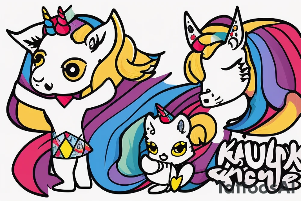 Blonde girl in a fox kigurumi with plush unicorn in her hand, with African grey parrot on her shoulder tattoo idea