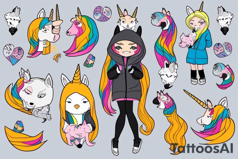 Blonde girl in a fox kigurumi with plush unicorn in her hand, with African grey parrot on her shoulder tattoo idea