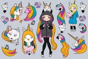 Blonde girl in a fox kigurumi with plush unicorn in her hand, with African grey parrot on her shoulder tattoo idea