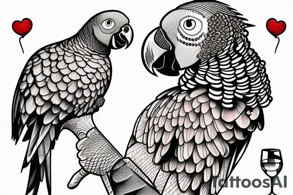 African grey parrot with a glass of wine tattoo idea
