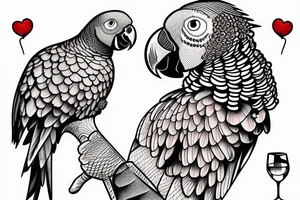 African grey parrot with a glass of wine tattoo idea