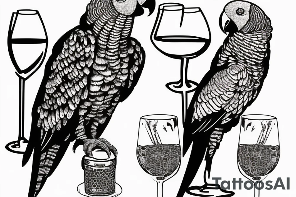 African grey parrot with a glass of wine tattoo idea