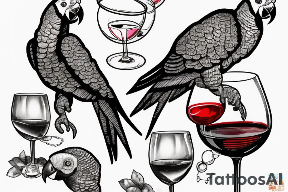 African grey parrot with a glass of wine tattoo idea