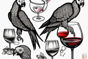 African grey parrot with a glass of wine tattoo idea
