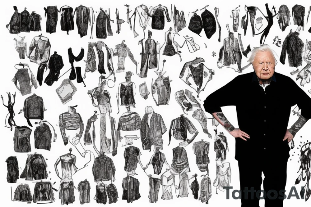 david attenborough standing next to a wardrobe filled with his outfits tattoo idea