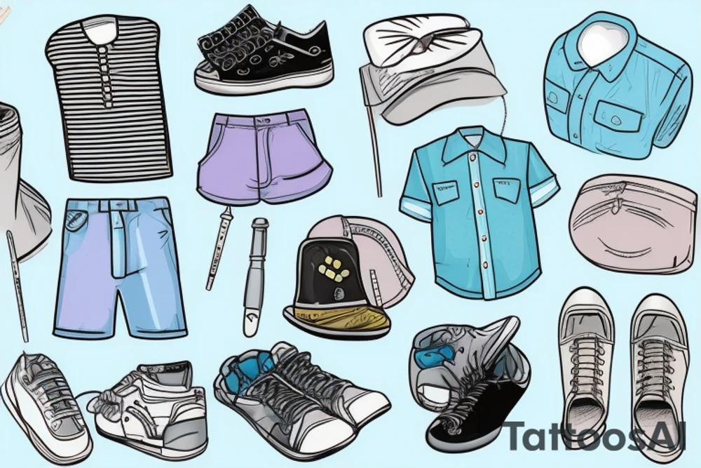 a pastel wardrobe with light blue shirts and khaki shorts tattoo idea