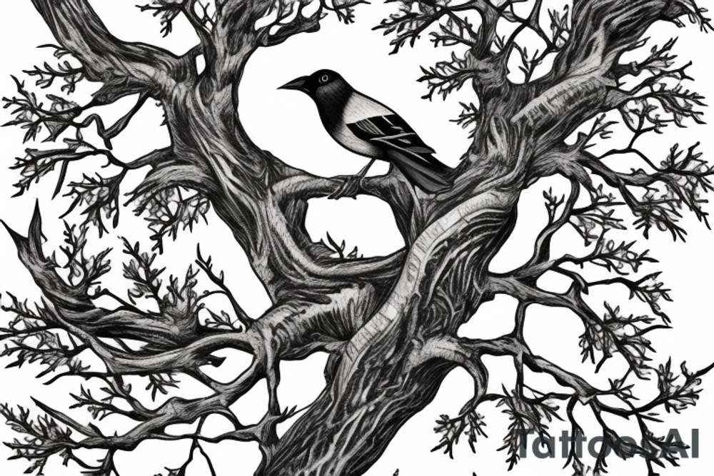 Oak tree with 2 magpies on a branch tattoo idea