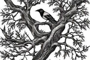 Oak tree with 2 magpies on a branch tattoo idea