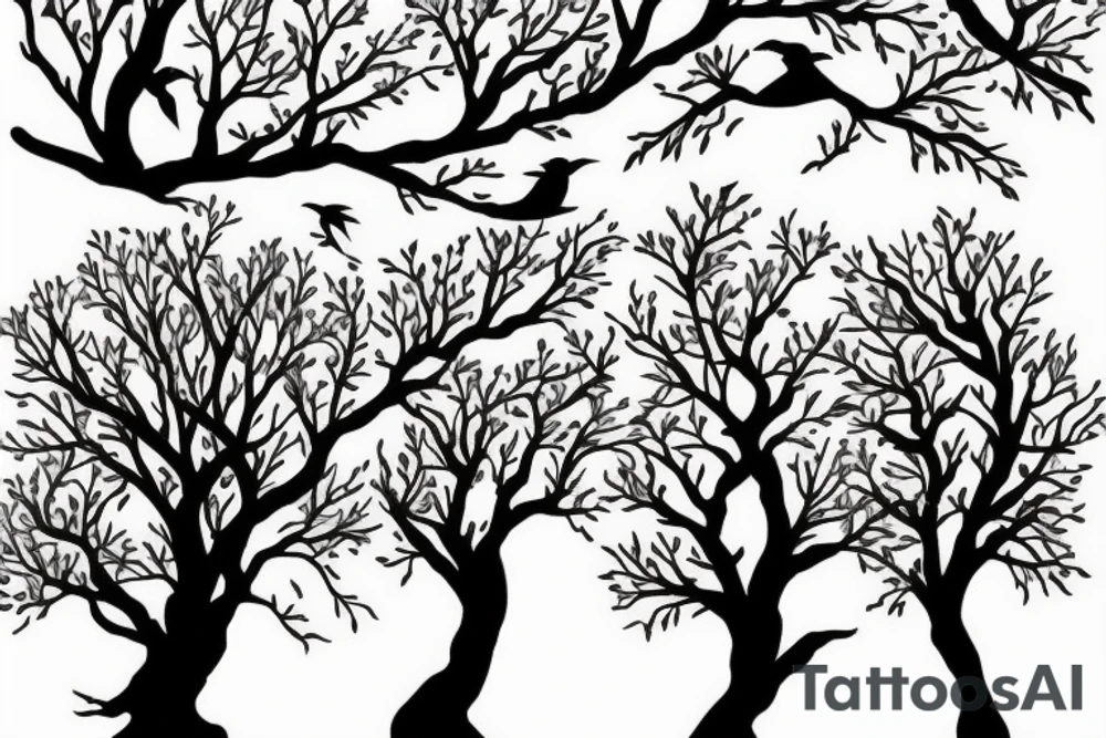 Oak tree with 2 magpies on a branch tattoo idea