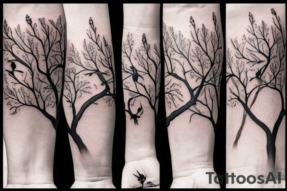 Oak tree sleeve with 2 magpies on a branch tattoo idea