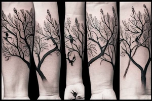 Oak tree sleeve with 2 magpies on a branch tattoo idea