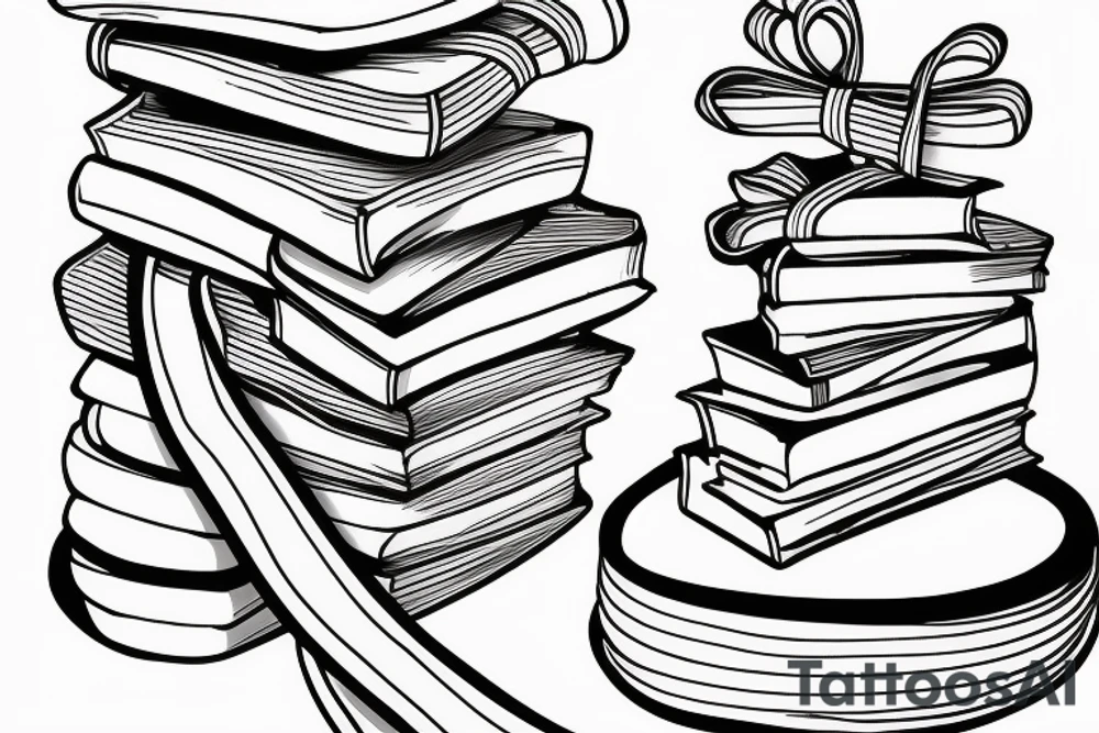 Stack of three books with a ribbon lying across the top tattoo idea