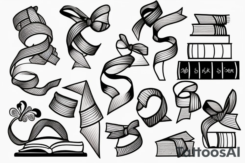 Stack of three books with a ribbon lying across the top tattoo idea
