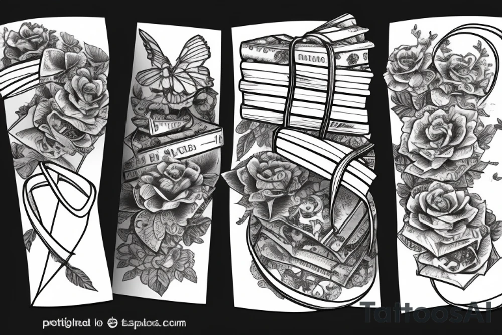 Stack of three books with a ribbon lying across the top tattoo idea