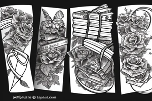Stack of three books with a ribbon lying across the top tattoo idea