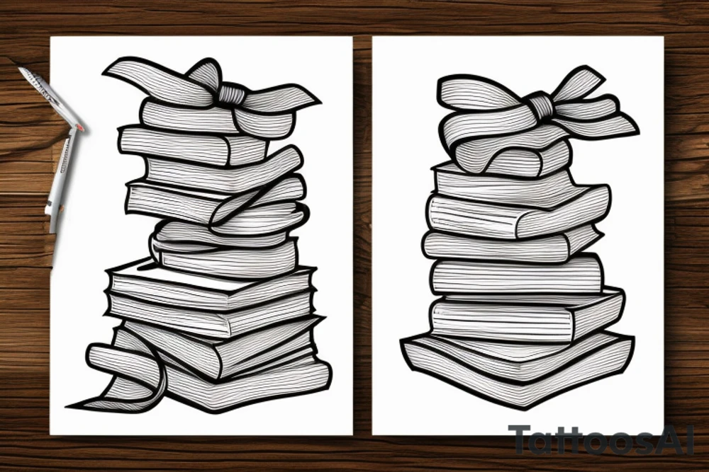 Stack of three books with a ribbon lying across the top tattoo idea