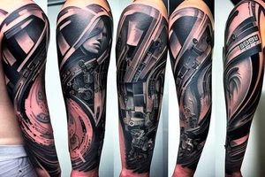A full arm tattoo in the style of the Belters in the TV show the Expanse. It should contain heavy black parts and geometric shapes tattoo idea