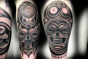 A full arm tattoo in the style of the Belters in the TV show the Expanse. It should contain heavy black parts and geometric shapes tattoo idea