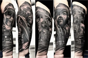 A full arm tattoo in the style of the Belters in the TV show the Expanse. It should contain heavy black parts and geometric shapes tattoo idea