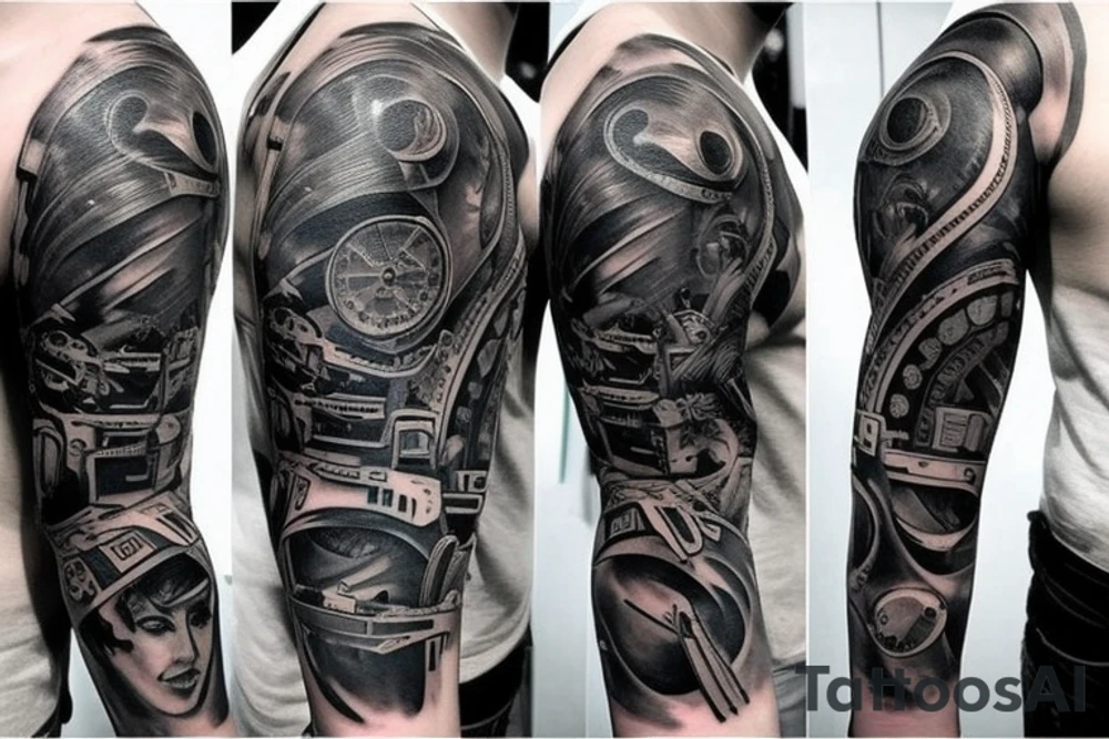 A full arm tattoo in the style of the Belters in the TV show the Expanse. It should contain heavy black parts and geometric shapes tattoo idea