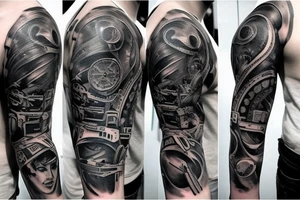 A full arm tattoo in the style of the Belters in the TV show the Expanse. It should contain heavy black parts and geometric shapes tattoo idea
