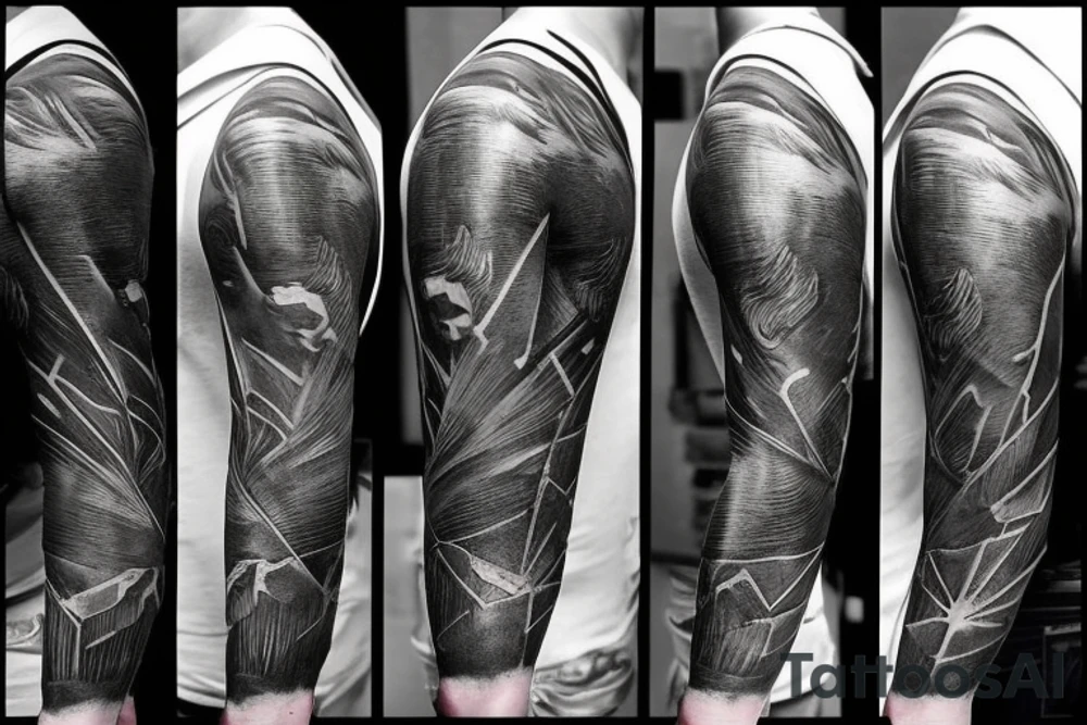 A full arm tattoo in the style of the Belters in the TV show the Expanse. It should contain heavy black parts and geometric shapes tattoo idea