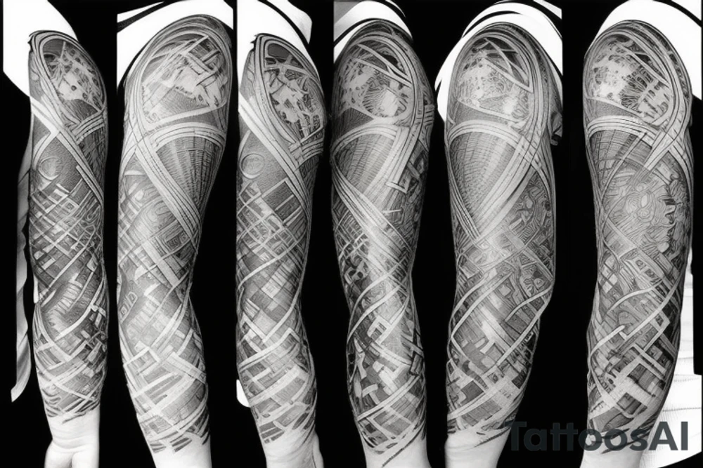 A full arm tattoo. Futuristic. Circuitry diagram. heavy black parts. geometric shapes. Straight lines tattoo idea